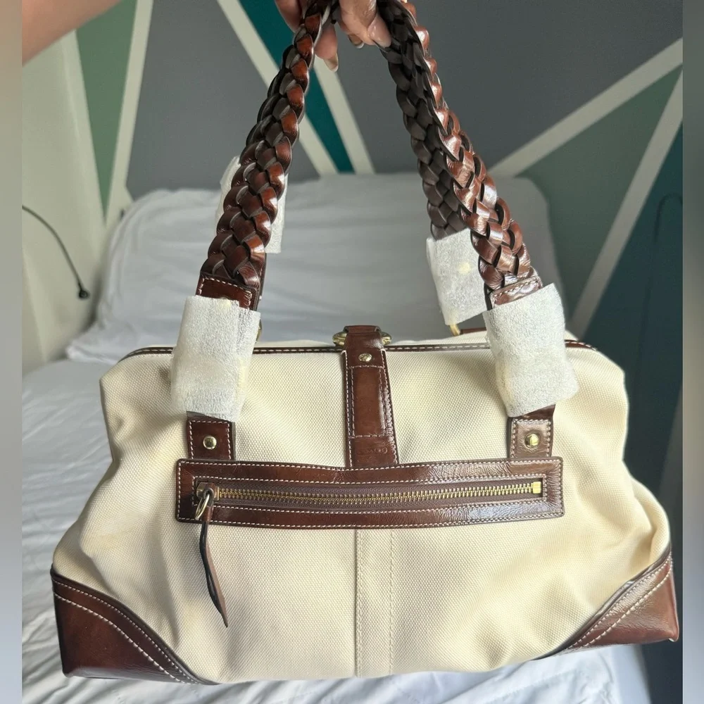 Coach Daphne Canvas & Leather Satchel – NWT Ivory & Mahogany | Braided Handles